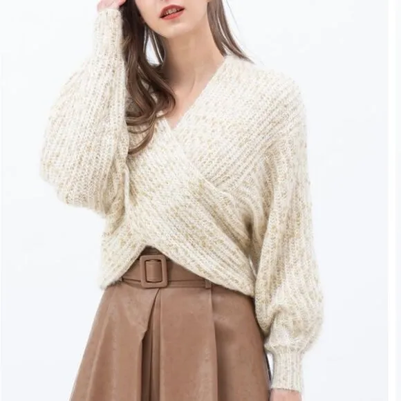 BRAND NEW CHICWISH V-NECK CRISSCROSSING RIBBED KNIT CROP SWEATER IN SHIMMER