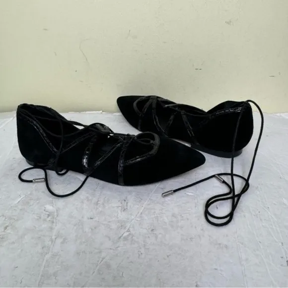 Brian Atwood Sanaa Suede Leather Lace Up Ballet Flats  Shoes Pointy Toes Black