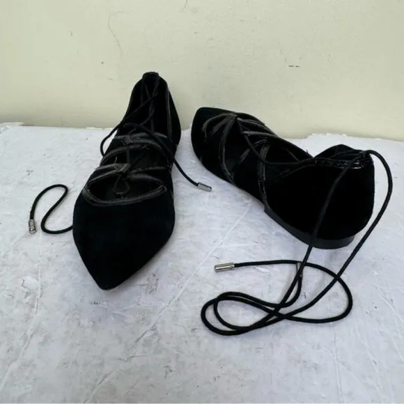 Brian Atwood Sanaa Suede Leather Lace Up Ballet Flats  Shoes Pointy Toes Black