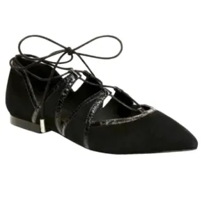 Brian Atwood Sanaa Suede Leather Lace Up Ballet Flats  Shoes Pointy Toes Black