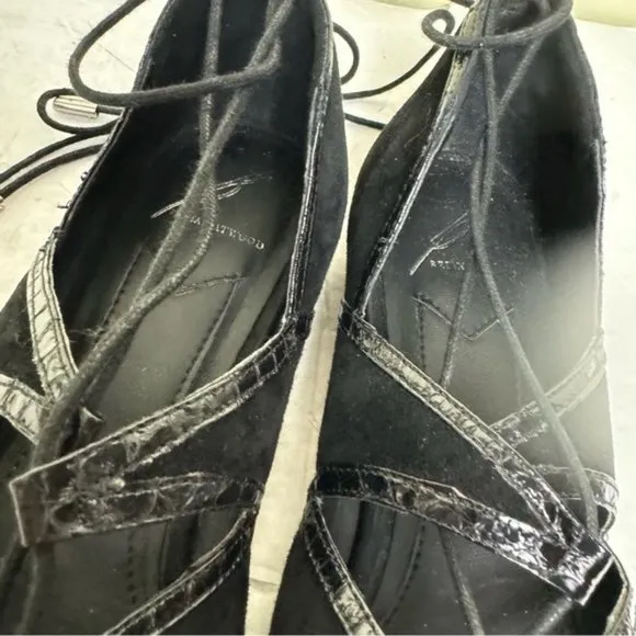 Brian Atwood Sanaa Suede Leather Lace Up Ballet Flats  Shoes Pointy Toes Black