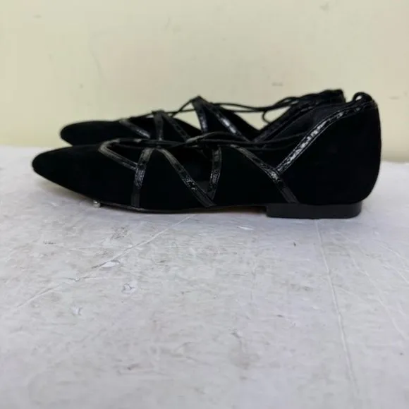 Brian Atwood Sanaa Suede Leather Lace Up Ballet Flats  Shoes Pointy Toes Black
