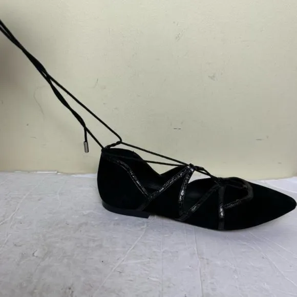 Brian Atwood Sanaa Suede Leather Lace Up Ballet Flats  Shoes Pointy Toes Black