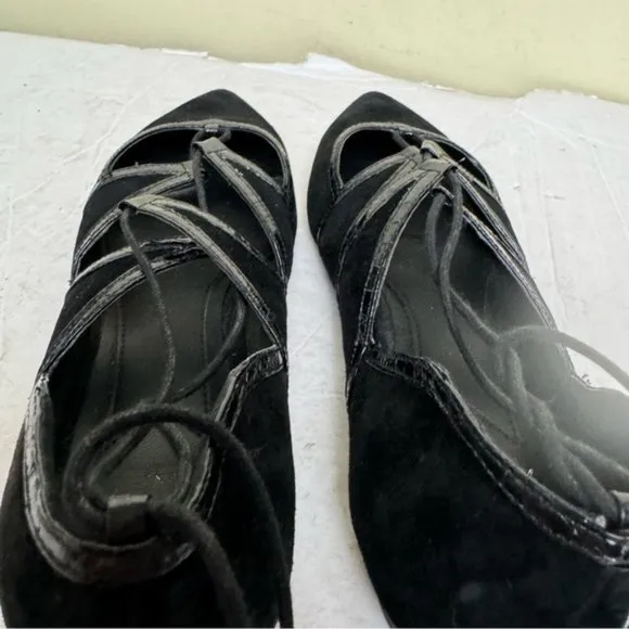 Brian Atwood Sanaa Suede Leather Lace Up Ballet Flats  Shoes Pointy Toes Black