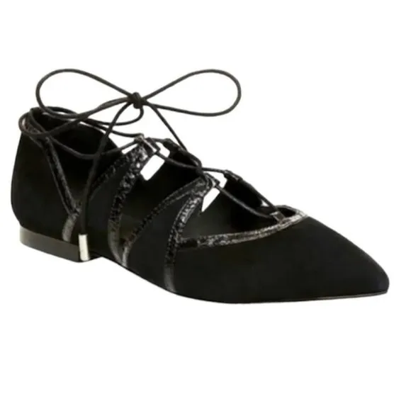 Brian Atwood Sanaa Suede Leather Lace Up Ballet Flats  Shoes Pointy Toes Black