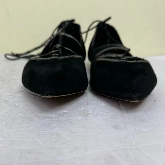 Brian Atwood Sanaa Suede Leather Lace Up Ballet Flats  Shoes Pointy Toes Black