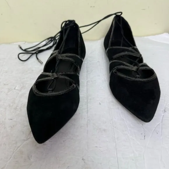 Brian Atwood Sanaa Suede Leather Lace Up Ballet Flats  Shoes Pointy Toes Black