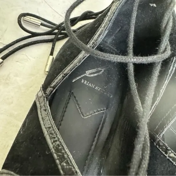 Brian Atwood Sanaa Suede Leather Lace Up Ballet Flats  Shoes Pointy Toes Black