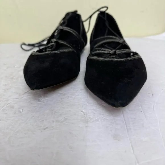 Brian Atwood Sanaa Suede Leather Lace Up Ballet Flats  Shoes Pointy Toes Black