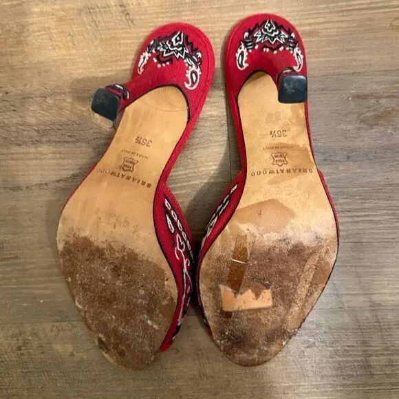 Brian Atwood Slides Mules Shoes Red Sandals Embroidery originally $785