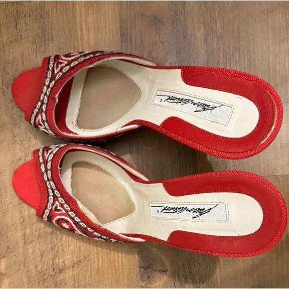 Brian Atwood Slides Mules Shoes Red Sandals Embroidery originally $785