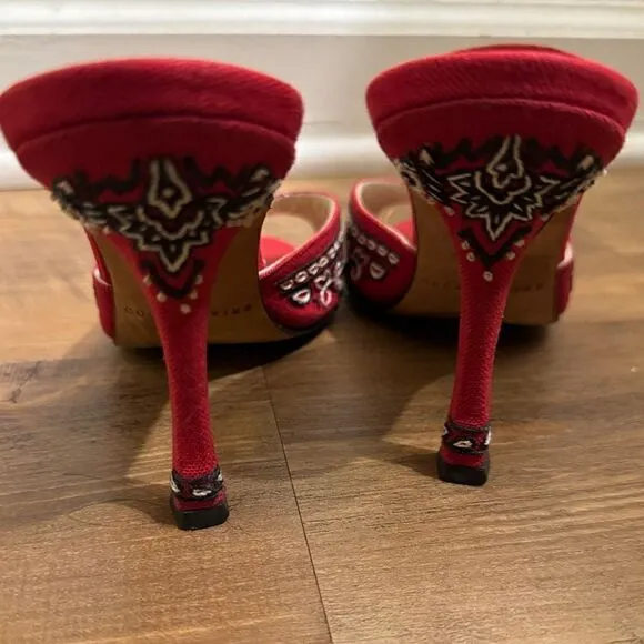 Brian Atwood Slides Mules Shoes Red Sandals Embroidery originally $785