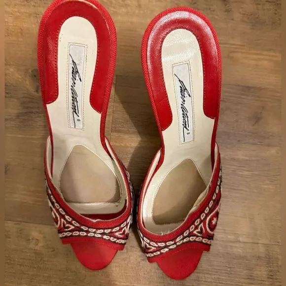 Brian Atwood Slides Mules Shoes Red Sandals Embroidery originally $785