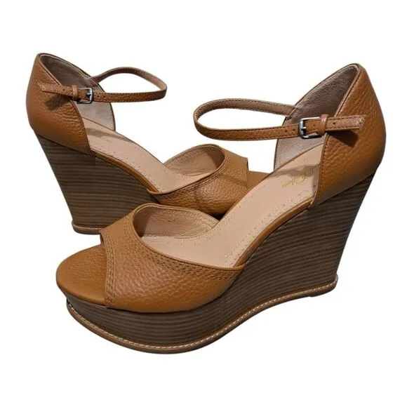 Brooks Brothers Platform Chunky Leather Stacked Wedge Sandals Size 10 Brown