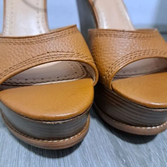 Brooks Brothers Platform Chunky Leather Stacked Wedge Sandals Size 10 Brown