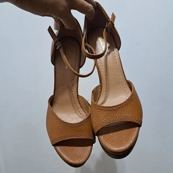 Brooks Brothers Platform Chunky Leather Stacked Wedge Sandals Size 10 Brown