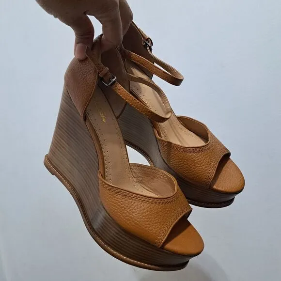 Brooks Brothers Platform Chunky Leather Stacked Wedge Sandals Size 10 Brown