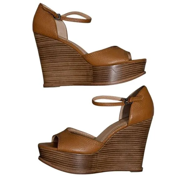 Brooks Brothers Platform Chunky Leather Stacked Wedge Sandals Size 10 Brown