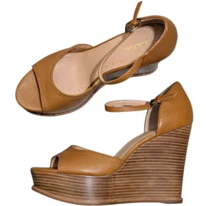 Brooks Brothers Platform Chunky Leather Stacked Wedge Sandals Size 10 Brown