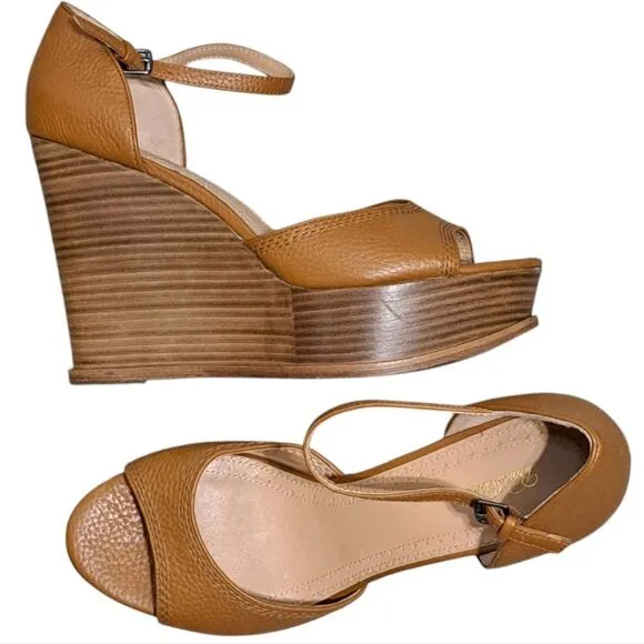 Brooks Brothers Platform Chunky Leather Stacked Wedge Sandals Size 10 Brown