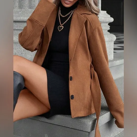 Brown faux suede button front collard, tie belt fully lined belted jacket coat
