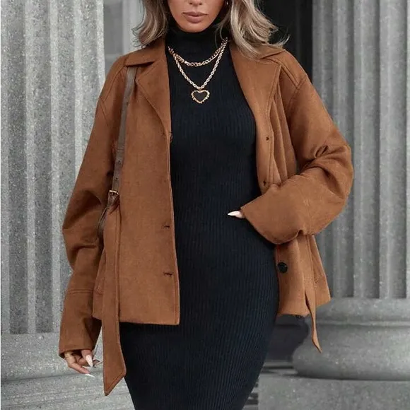 Brown faux suede button front collard, tie belt fully lined belted jacket coat