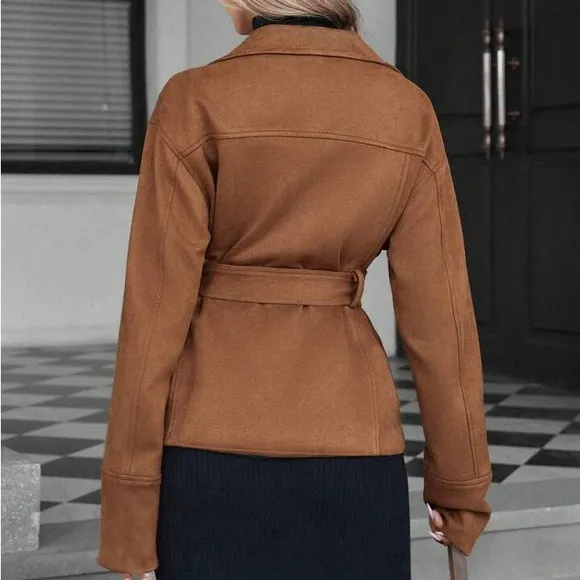 Brown faux suede button front collard, tie belt fully lined belted jacket coat