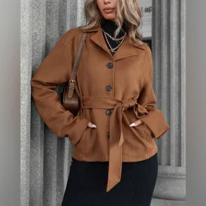 Brown faux suede button front collard, tie belt fully lined belted jacket coat