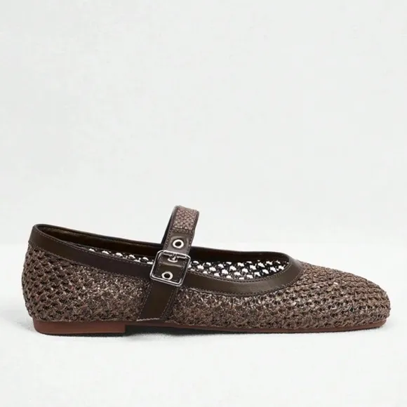 Brown woven square toe Mary Jane ballet flats