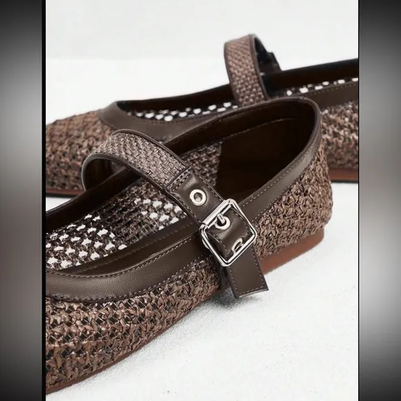 Brown woven square toe Mary Jane ballet flats