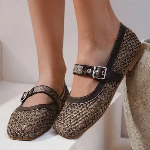 Brown woven square toe Mary Jane ballet flats