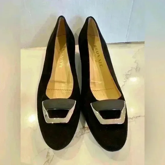 BRUNATE WOMEN'S SUEDE EFFECT FLATS-BLACK-with SILVER BUCKLE SZ 38(EU)