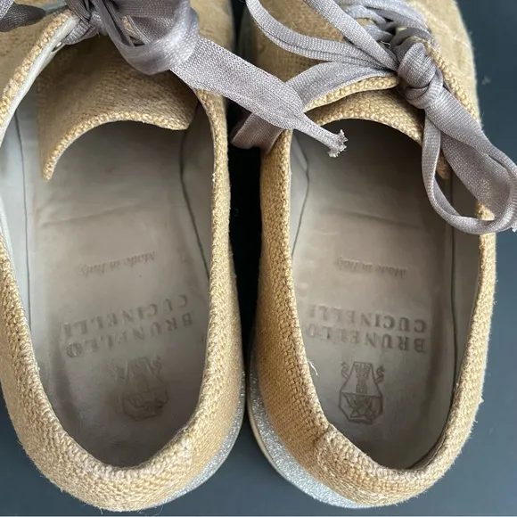 Brunello Cucinelli Derby Loafers Tan Glitter Trim Preppy Oxford Shoes