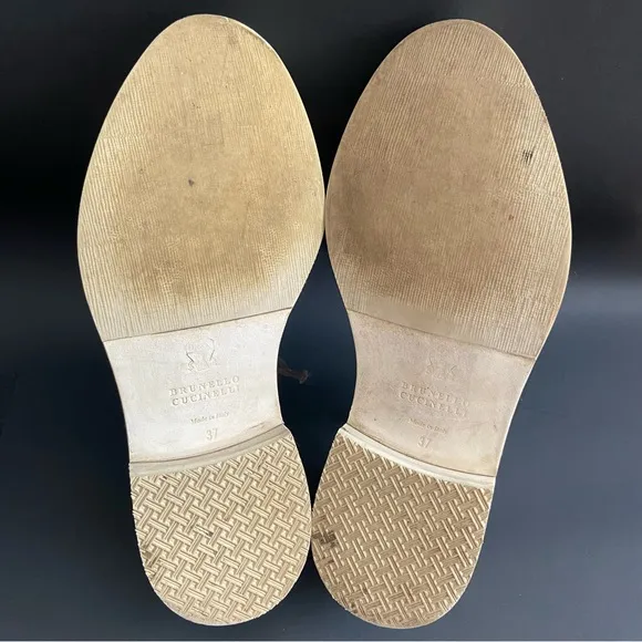 Brunello Cucinelli Derby Loafers Tan Glitter Trim Preppy Oxford Shoes