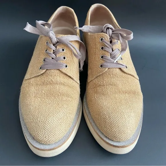 Brunello Cucinelli Derby Loafers Tan Glitter Trim Preppy Oxford Shoes