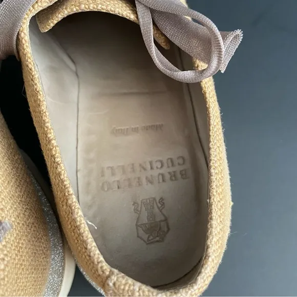 Brunello Cucinelli Derby Loafers Tan Glitter Trim Preppy Oxford Shoes