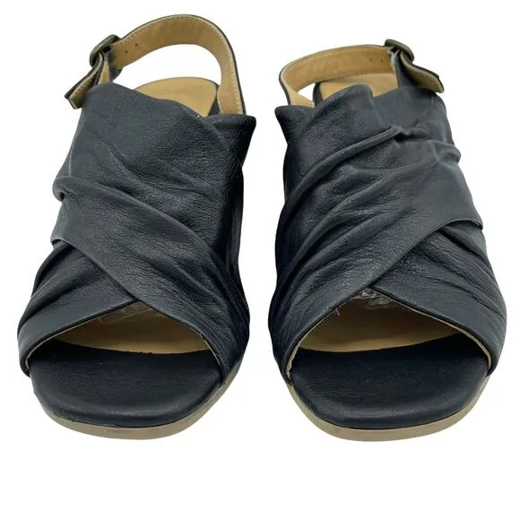 Bueno Black Eden Leather Sandals Ruched Crisscross Straps Slingback Size 37