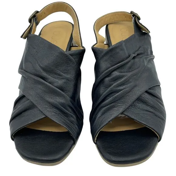 Bueno Black Eden Leather Sandals Ruched Crisscross Straps Slingback Size 37
