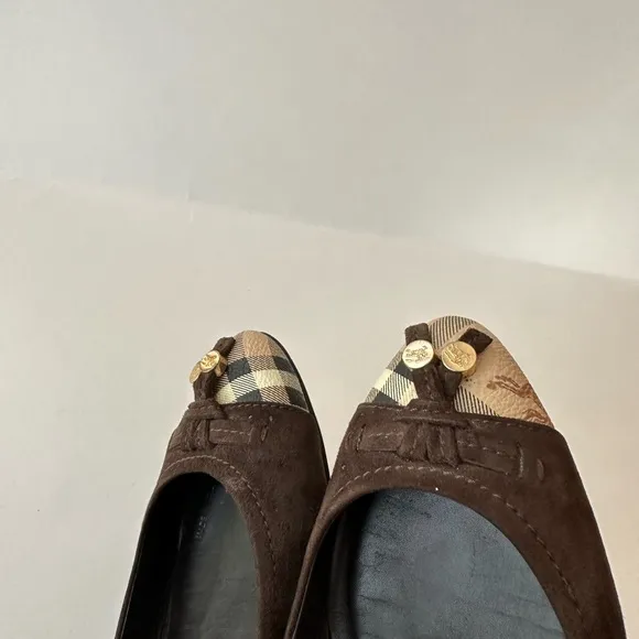 Burberry Brown Suede Nova Check  Cap Toe Ballet Flats