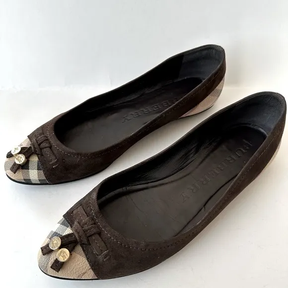Burberry Brown Suede Nova Check  Cap Toe Ballet Flats