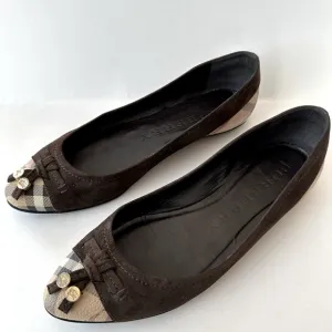 Burberry Brown Suede Nova Check  Cap Toe Ballet Flats
