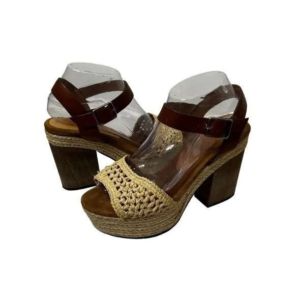 CASTAÑER Leather Colorblock Neutral Pattern Chunky Block Heel Sandals