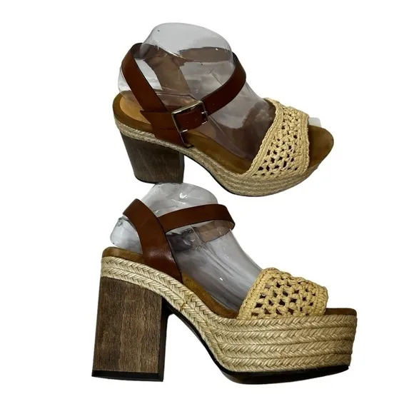 CASTAÑER Leather Colorblock Neutral Pattern Chunky Block Heel Sandals