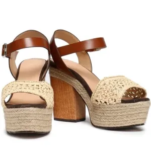 CASTAÑER Leather Colorblock Neutral Pattern Chunky Block Heel Sandals