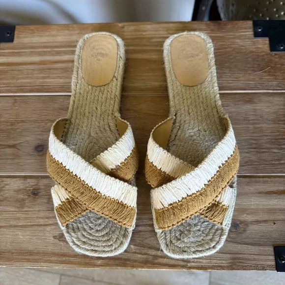Castaner Priscila Natural Mustard Cris Cross Woven Raffia Flat Espadrille Slides