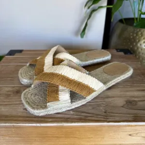Castaner Priscila Natural Mustard Cris Cross Woven Raffia Flat Espadrille Slides