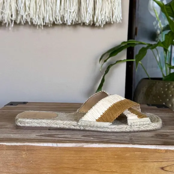 Castaner Priscila Natural Mustard Cris Cross Woven Raffia Flat Espadrille Slides