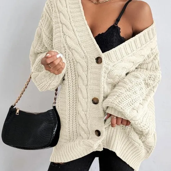Casual button down Beige Cable Knit Sweater Cardigan