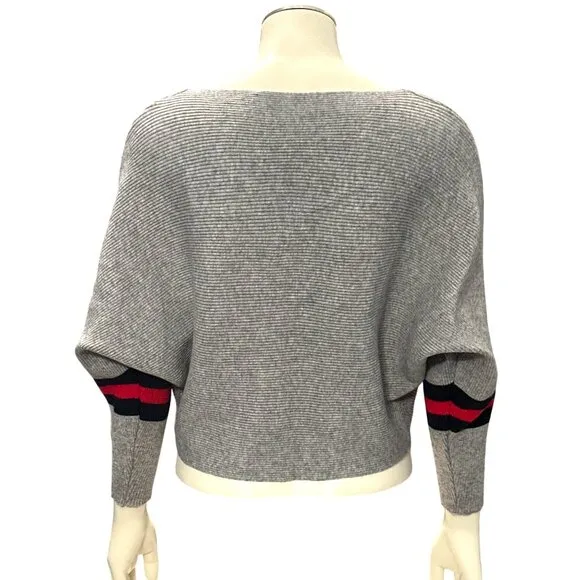 CCC Gray Batwing Crop Top Sweater Red Black Stripes Chic Style Comfortable Versa