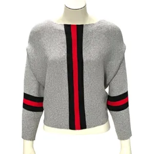 CCC Gray Batwing Crop Top Sweater Red Black Stripes Chic Style Comfortable Versa